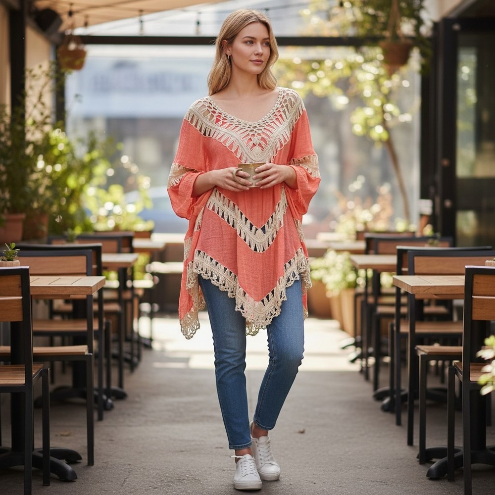 Umgee Womens Smallβ Crochet Lace V Neck Top Coral Boho Fringe Gauze Festival